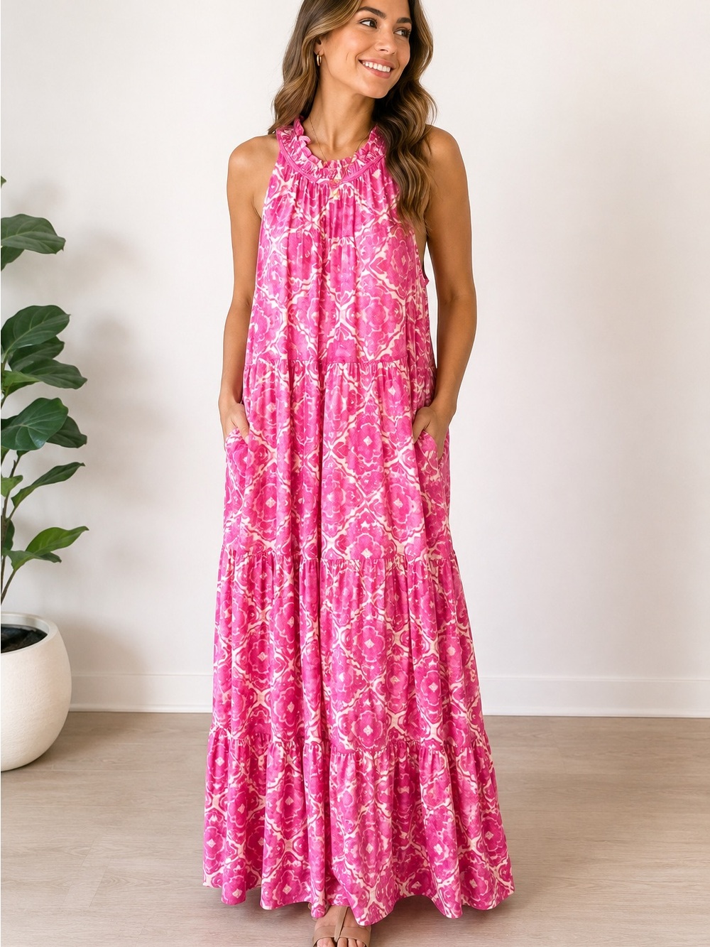 Indigo Soul Pink Floral Boho Tiered Maxi Dress Size Large